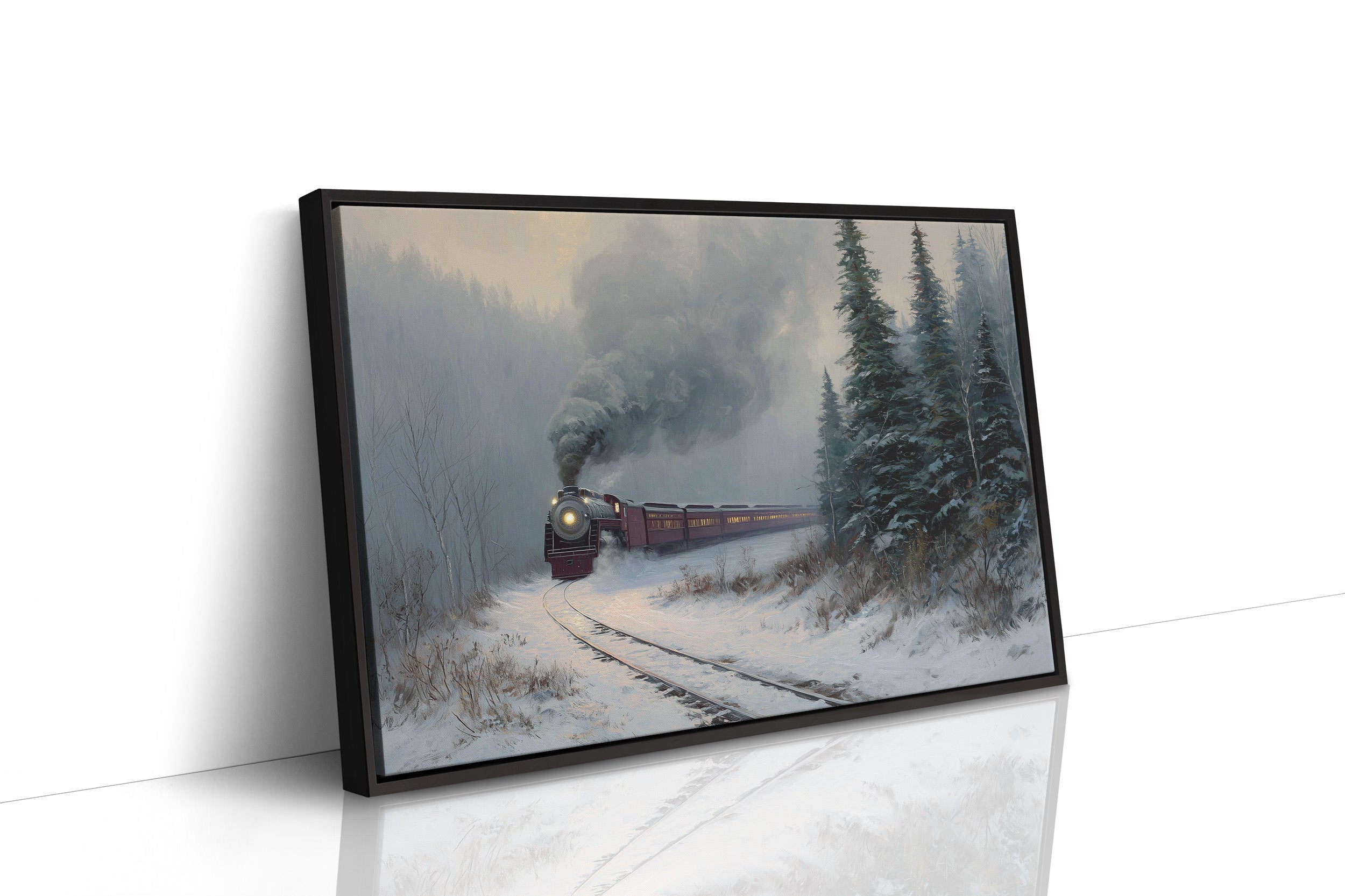 Winter Steam Curves Through Pine Forest