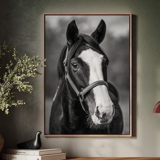 Framed black and white horse portrait on a wall above a wooden cabinet with decor items.