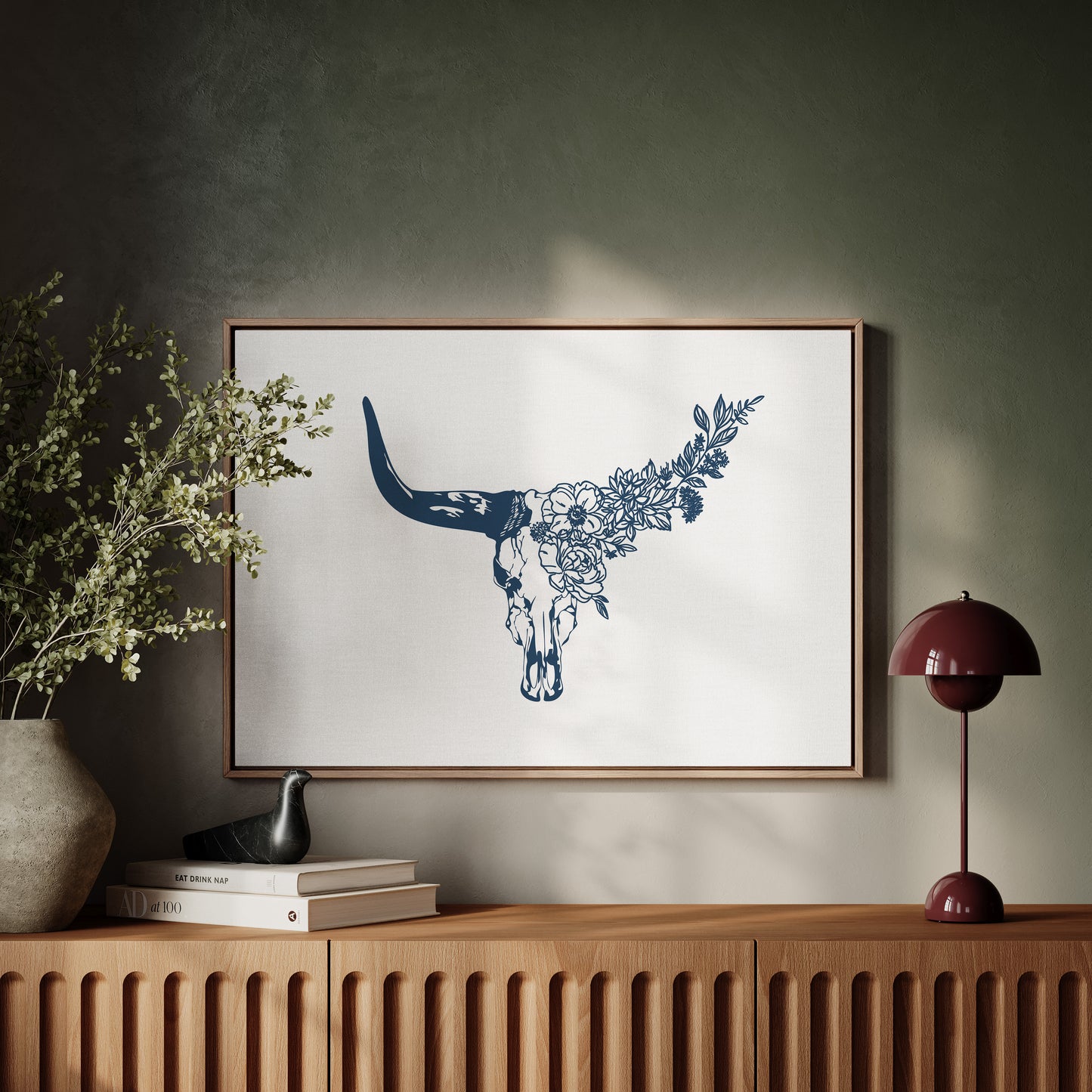 Floral Longhorn Skull Wall Art – Western Boho Cow Skull Print