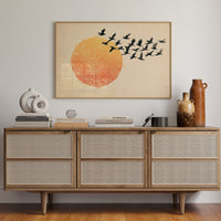 Minimalist Japanese Birds & Sun Print – Vintage Ink Illustration