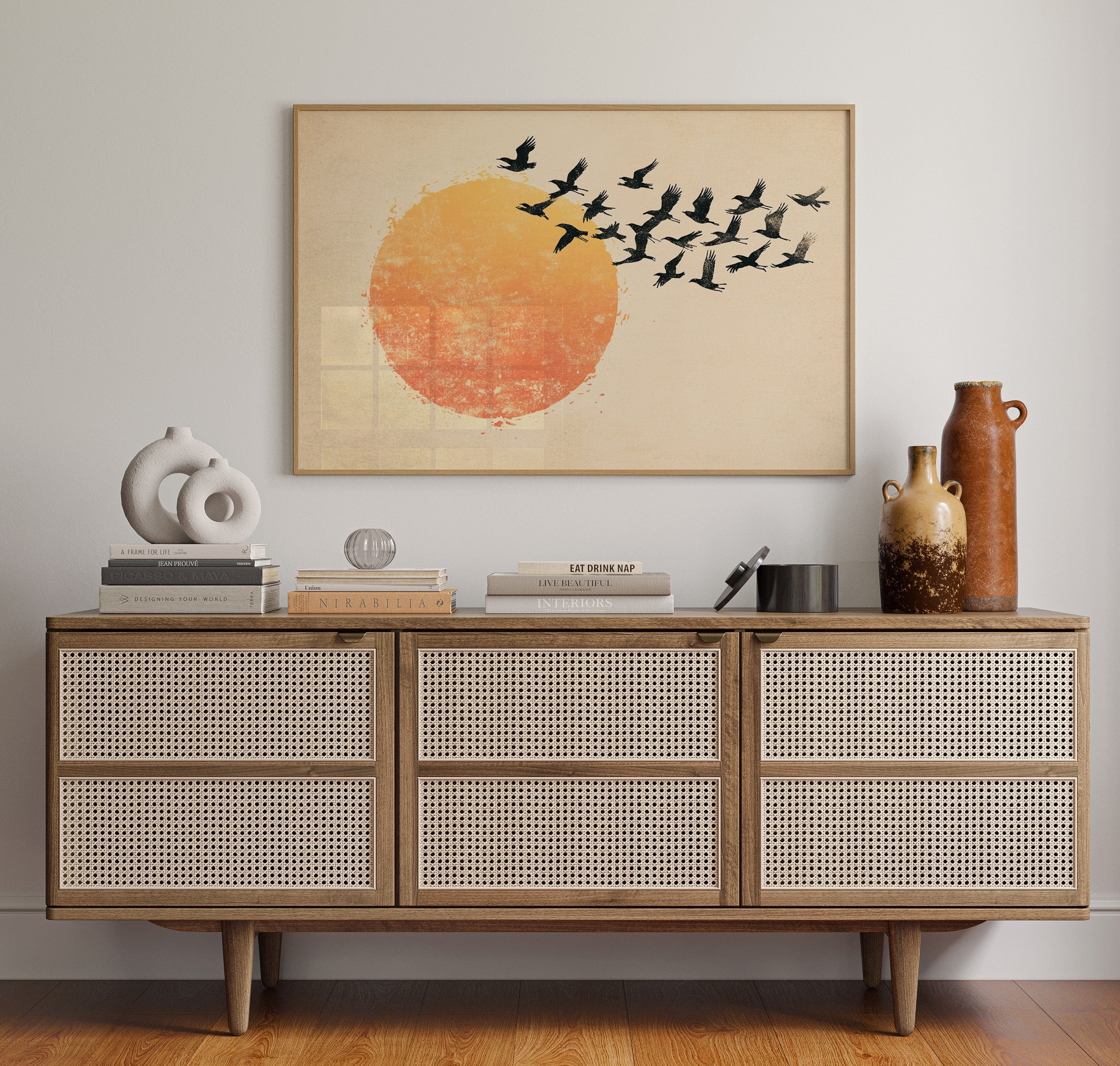 Minimalist Japanese Birds & Sun Print – Vintage Ink Illustration