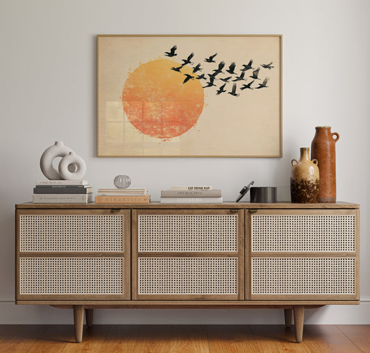 Minimalist Japanese Birds & Sun Print – Vintage Ink Illustration