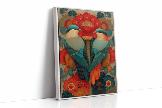 Birds Dance Among Crimson Blooms