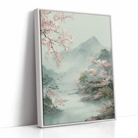 Cherry Blossoms Dance Above Misty Peaks