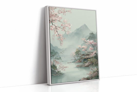 Cherry Blossoms Dance Above Misty Peaks