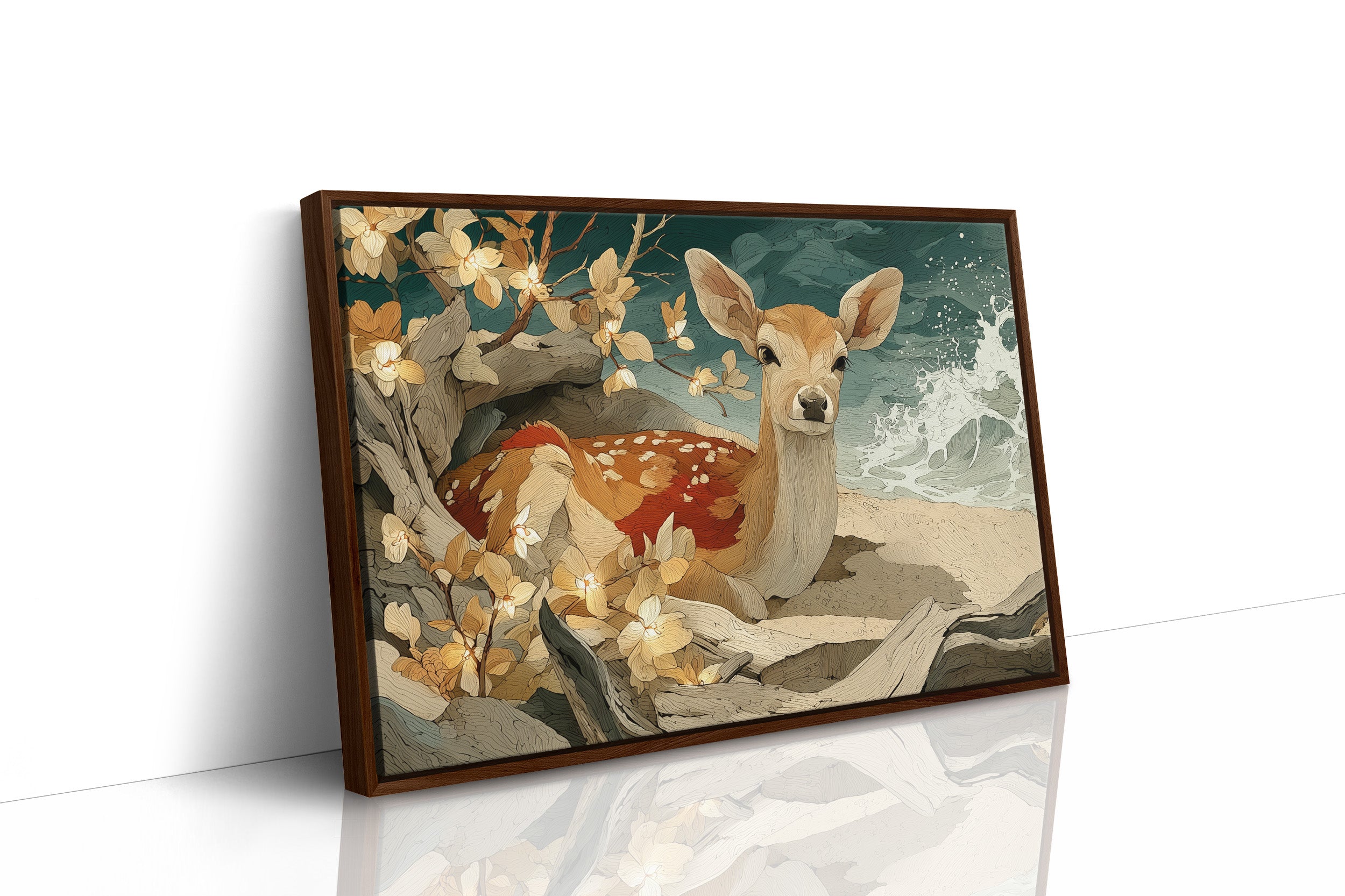 Fawn Resting by Driftwood Shore