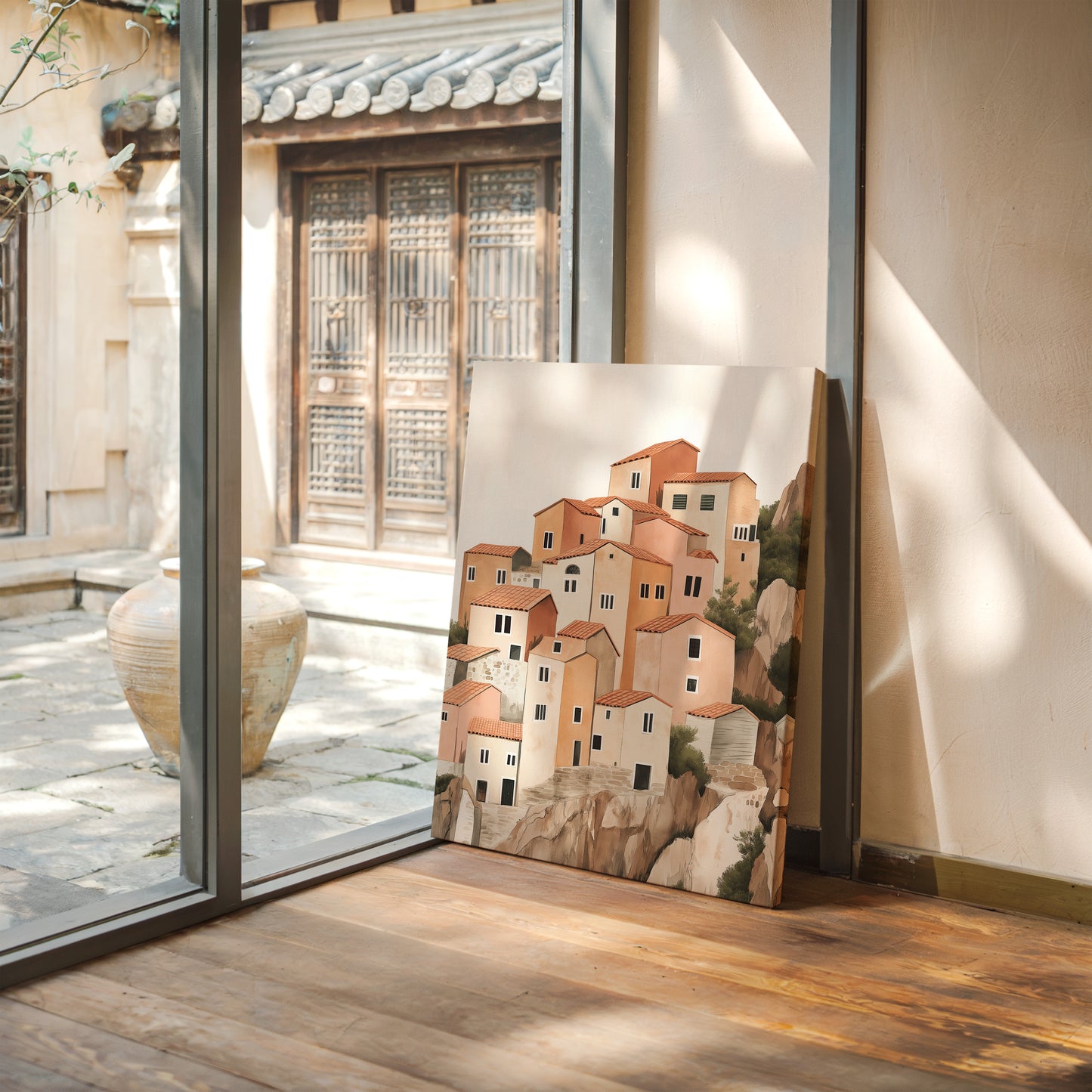 Sunlit Cliffside Village in Warm Earth Tones
