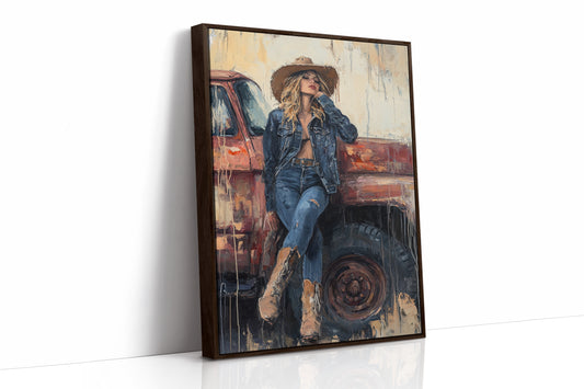 Cowgirl Resting on Rusted Truck