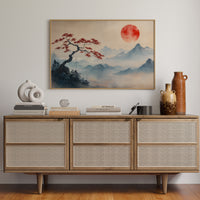 Japanese Landscape Wall Art – Red Sun and Bonsai Mountain Print