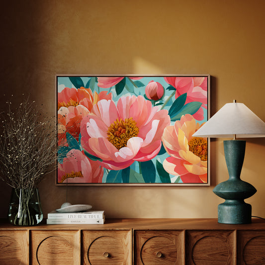 Coral Peonies Dance In Turquoise
