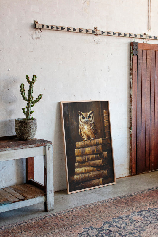 Wise Owl on Antique Books – Dark Academia Wall Art, Vintage Library Print, Scholar’s Study Decor