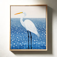 White Egret in Snowfall – Elegant Minimalist Bird Wall Art