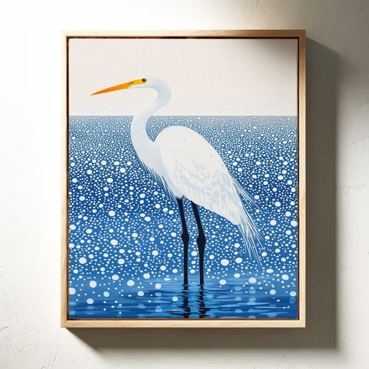 White Egret in Snowfall – Elegant Minimalist Bird Wall Art