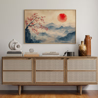 Japanese Red Sun & Misty Mountain Wall Art – Zen Ink Wash Landscape