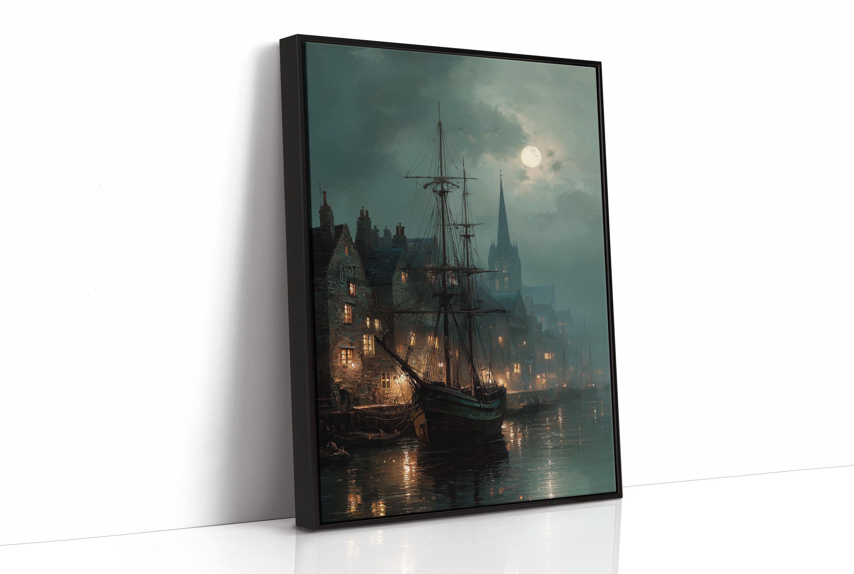 Harbor Lights Below Foggy Moon