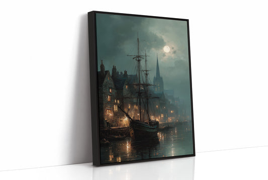 Harbor Lights Below Foggy Moon