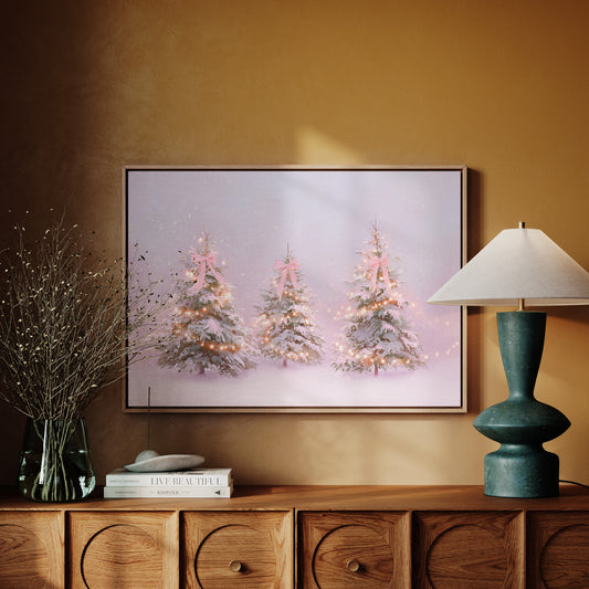 Pink Bows Dance Through Snow Light