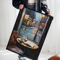 Cozy Rainy Cafe Scene – Atmospheric Coffee Shop Window Wall Art