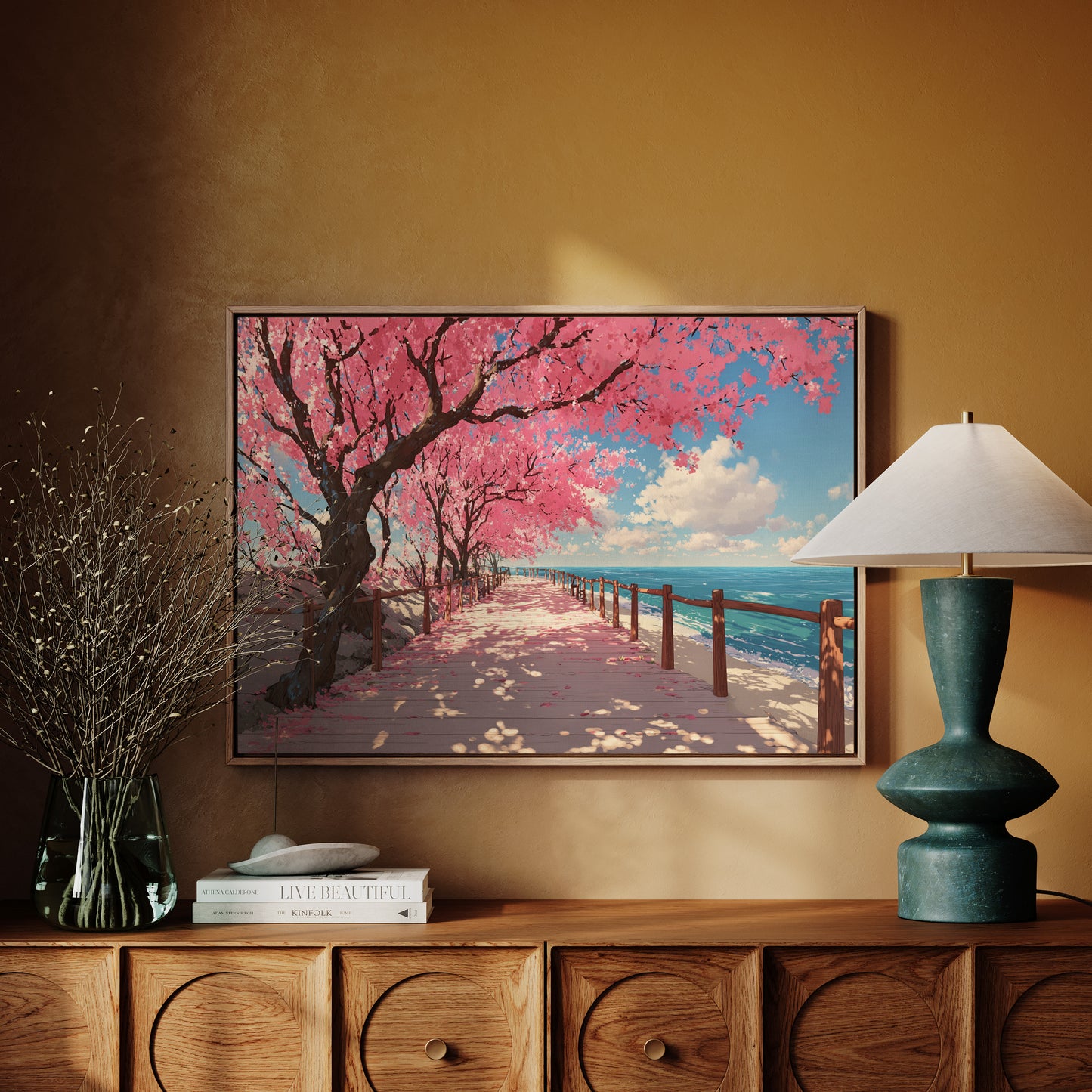 Cherry Blossoms Dance Above Ocean Paths