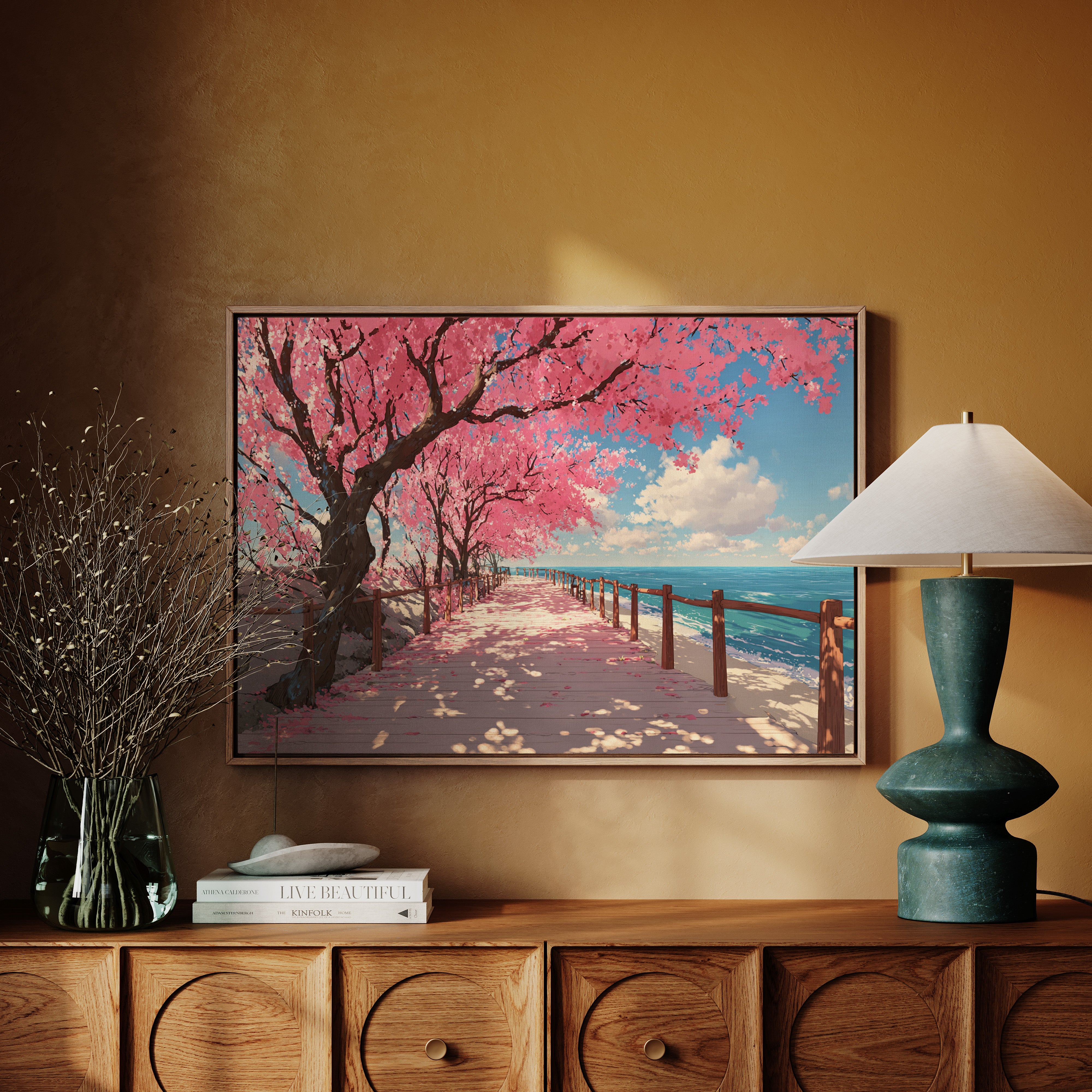 Cherry Blossoms Dance Above Ocean Paths