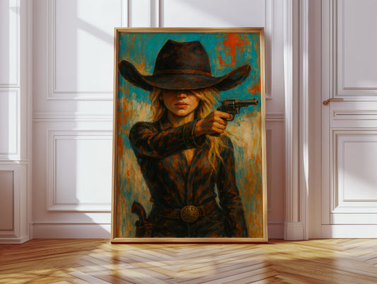 Western Grit: Cowgirl With Revolver Canvas Art
