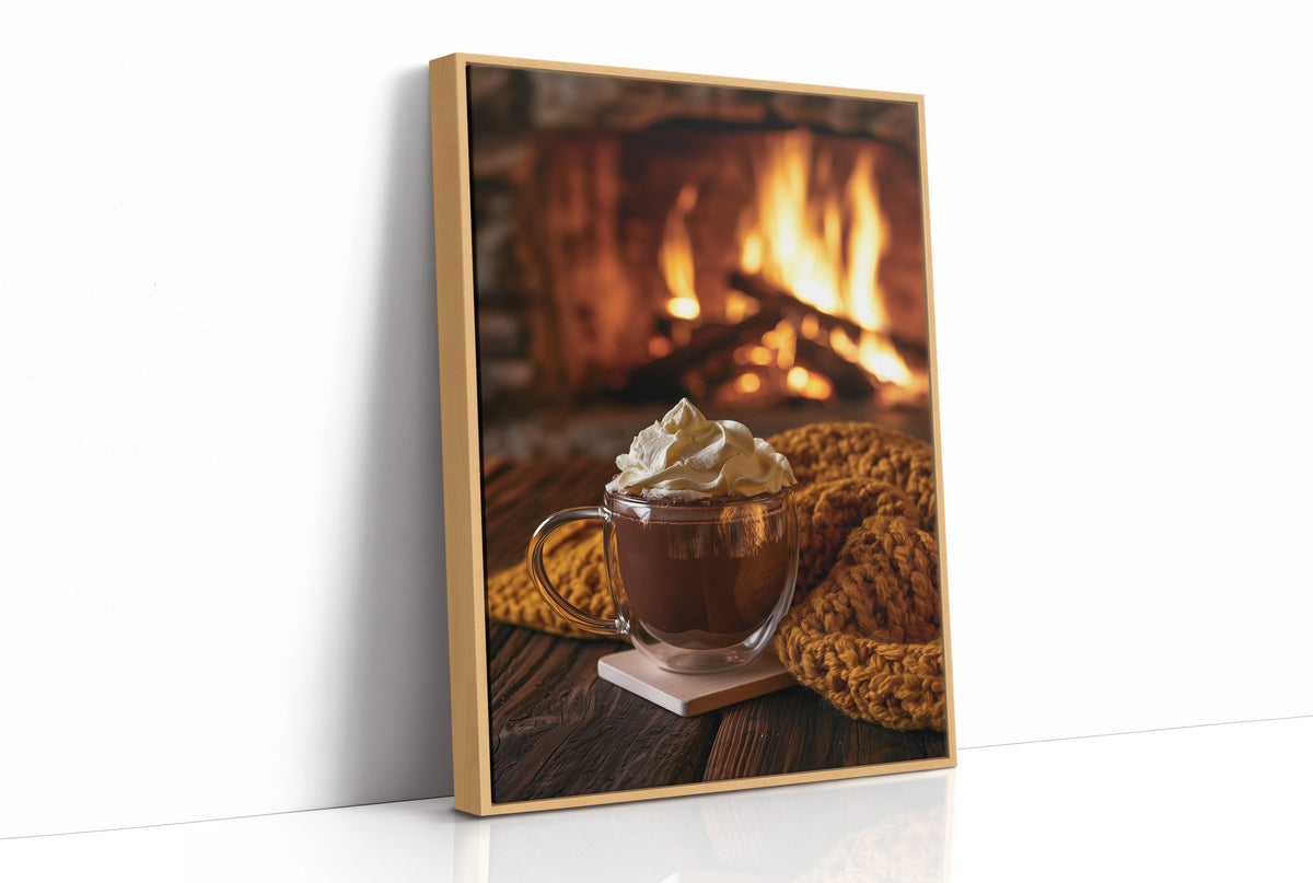 Cocoa Loco By The Fire, print in a natural wood frame