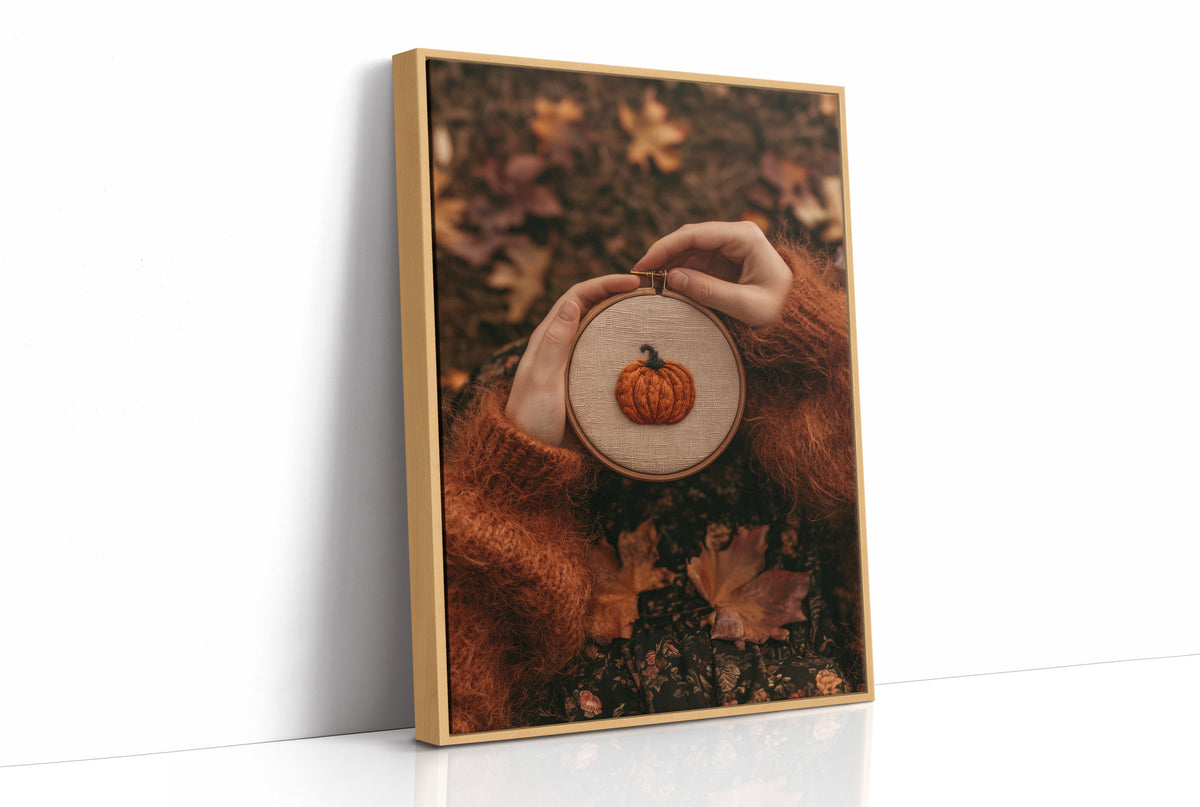 Hoop Dreams, Pumpkin Edition, print in a natural wood frame