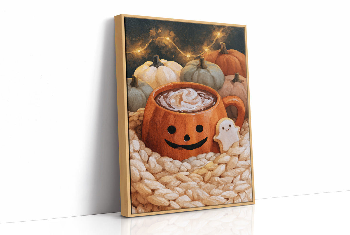 Mug Life: Jack O Latte Edition, print in a natural wood frame