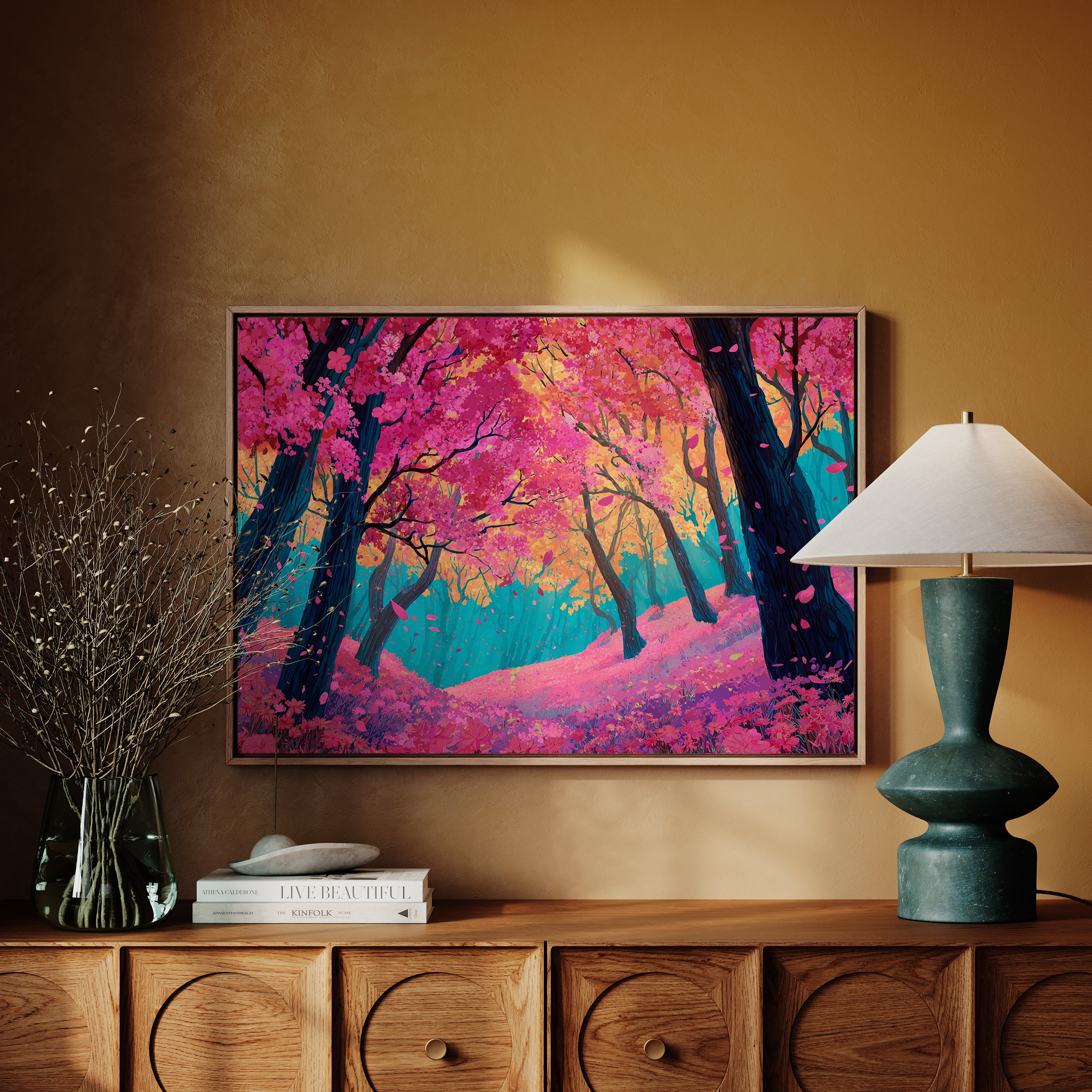 Cherry Blossoms Dance In Turquoise Light
