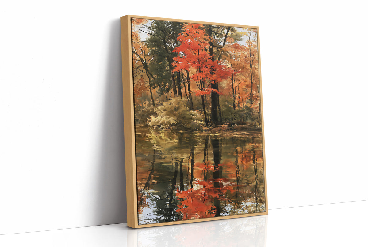 Seeing Red, Reflecting Well, print in a natural wood frame