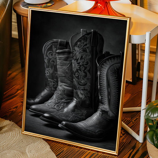Framed photograph of cowboy boots on a wooden floor with a chair and plants in the background.