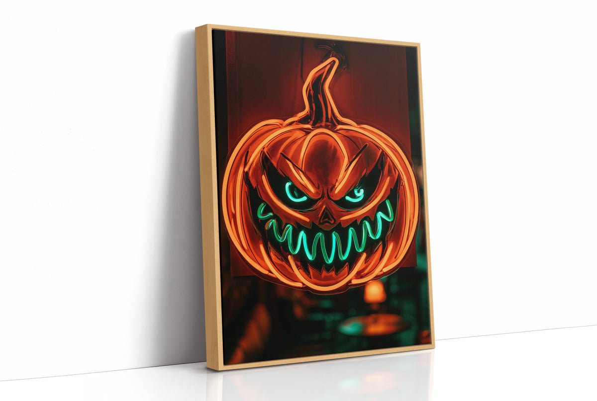 Glow Up, Grin Wide, Scare Hard, print in a natural wood frame