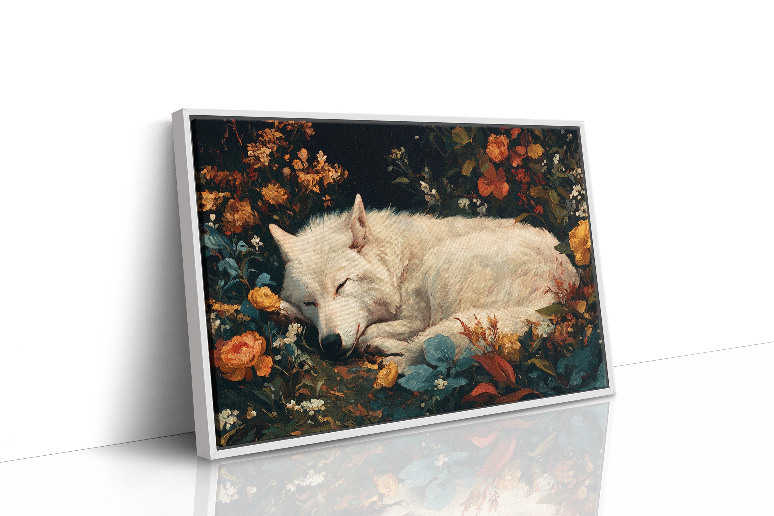 White Wolf Among Autumn Blooms