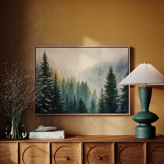 Snow Dances Through Evergreen Light