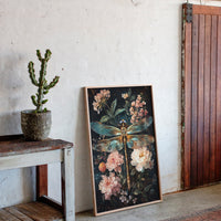 Golden Dragonfly: Dark Floral Baroque Canvas Wall Art