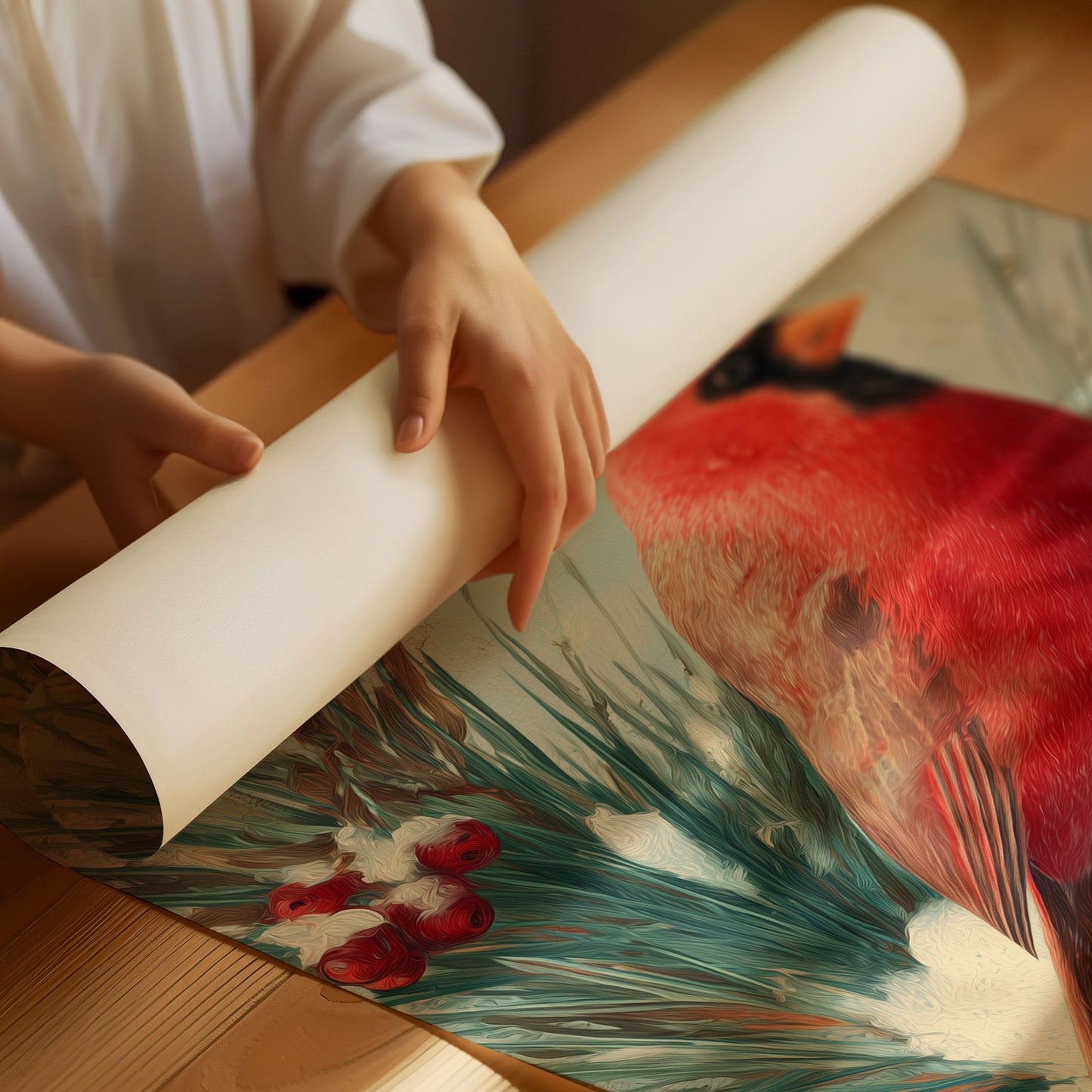 Crimson Wings Against Winter Pine