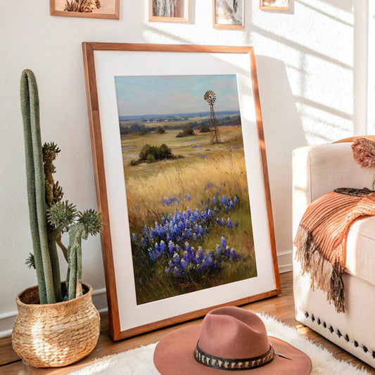 Bluebonnets Dance Near Rustic Windmill