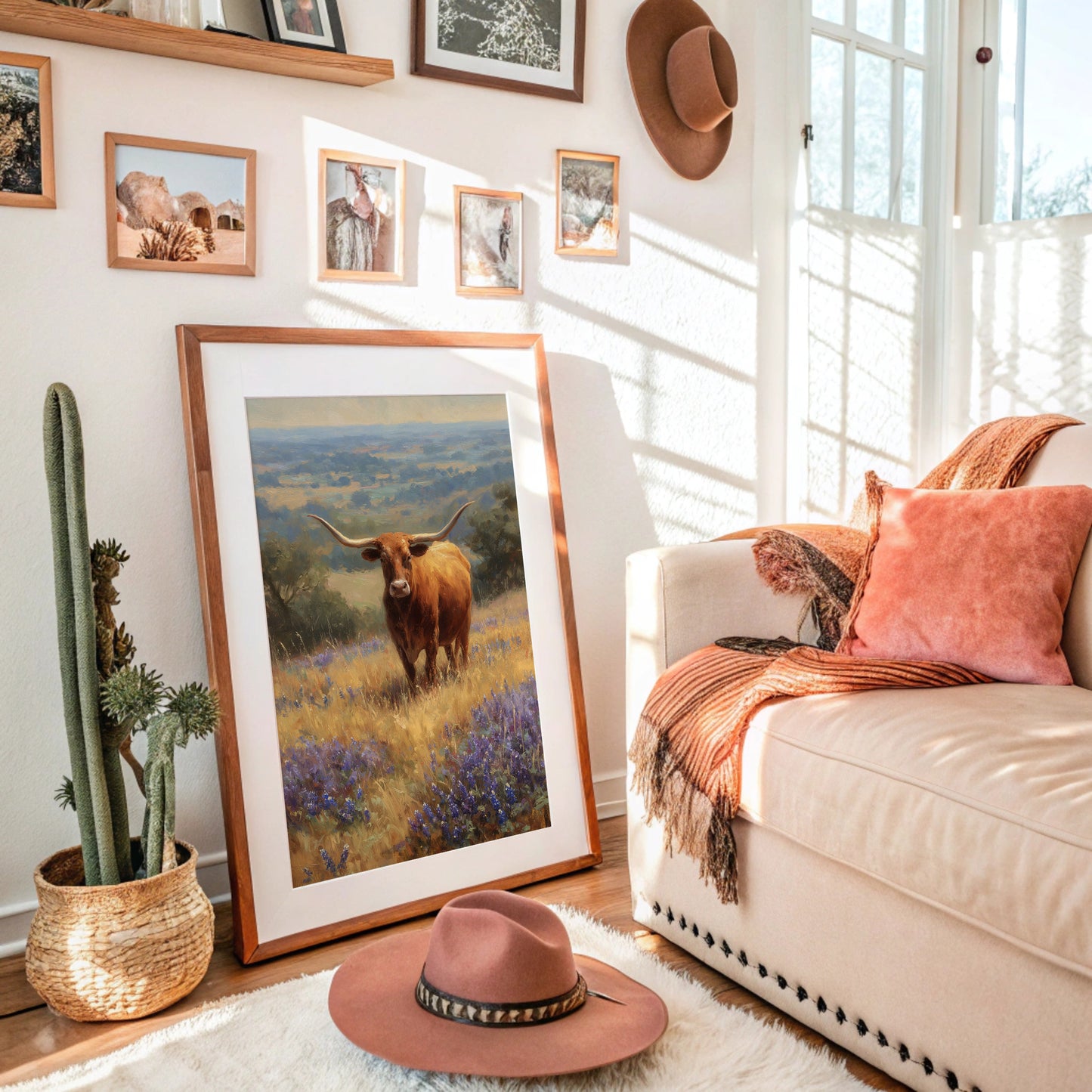 Longhorn Grazes Among Bluebonnet Dreams