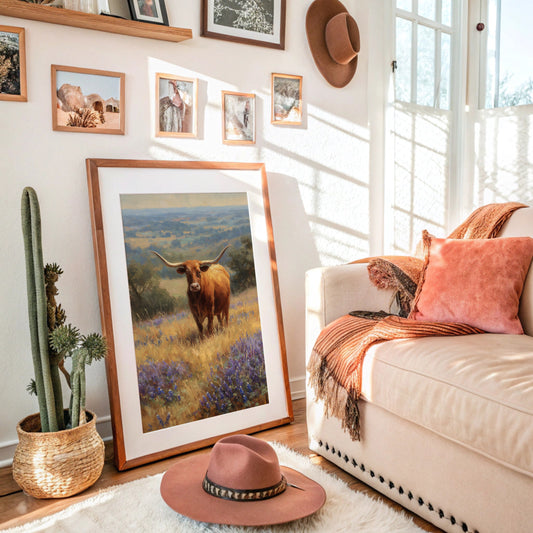Longhorn Grazes Among Bluebonnet Dreams