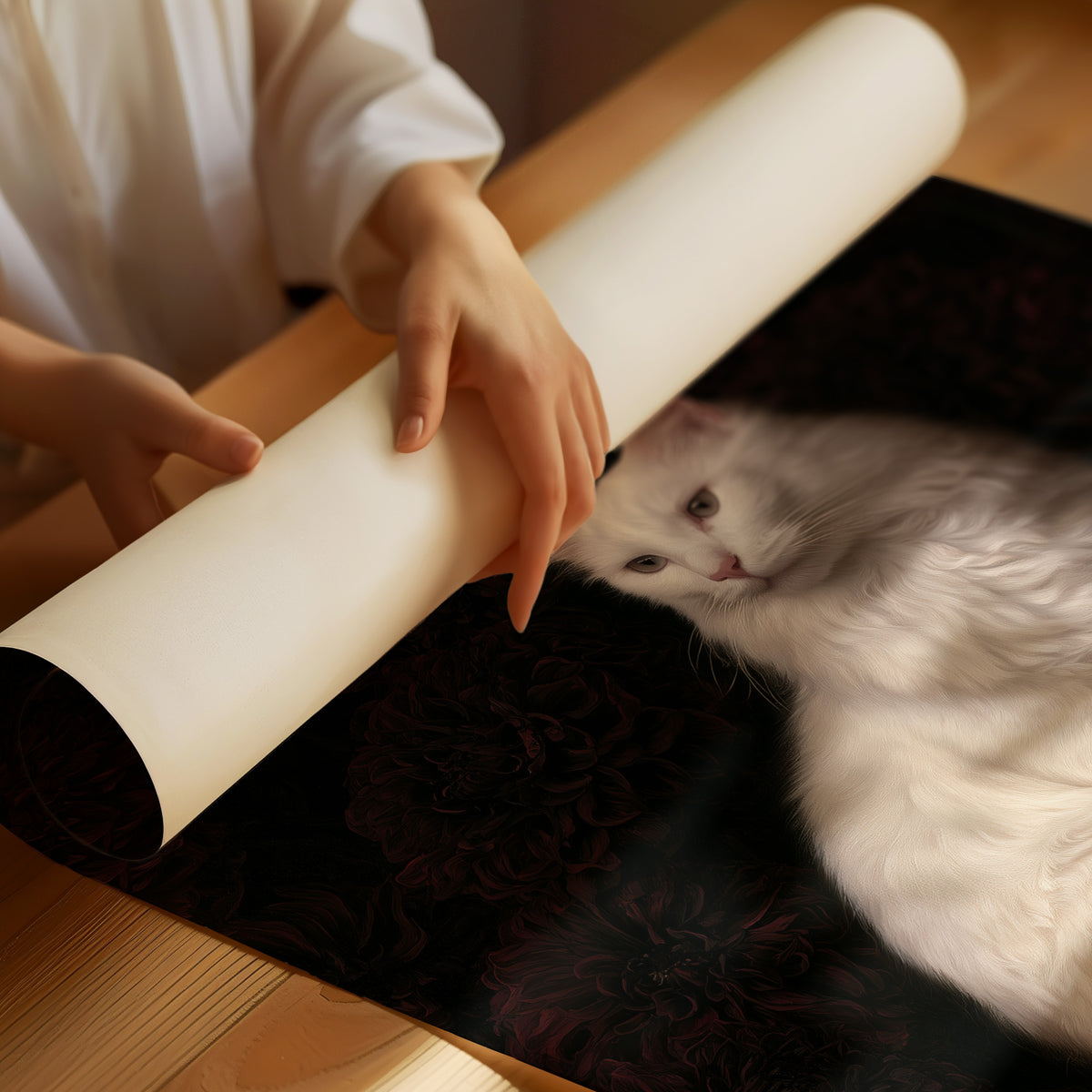 White Cat, Black Chrysanthemums