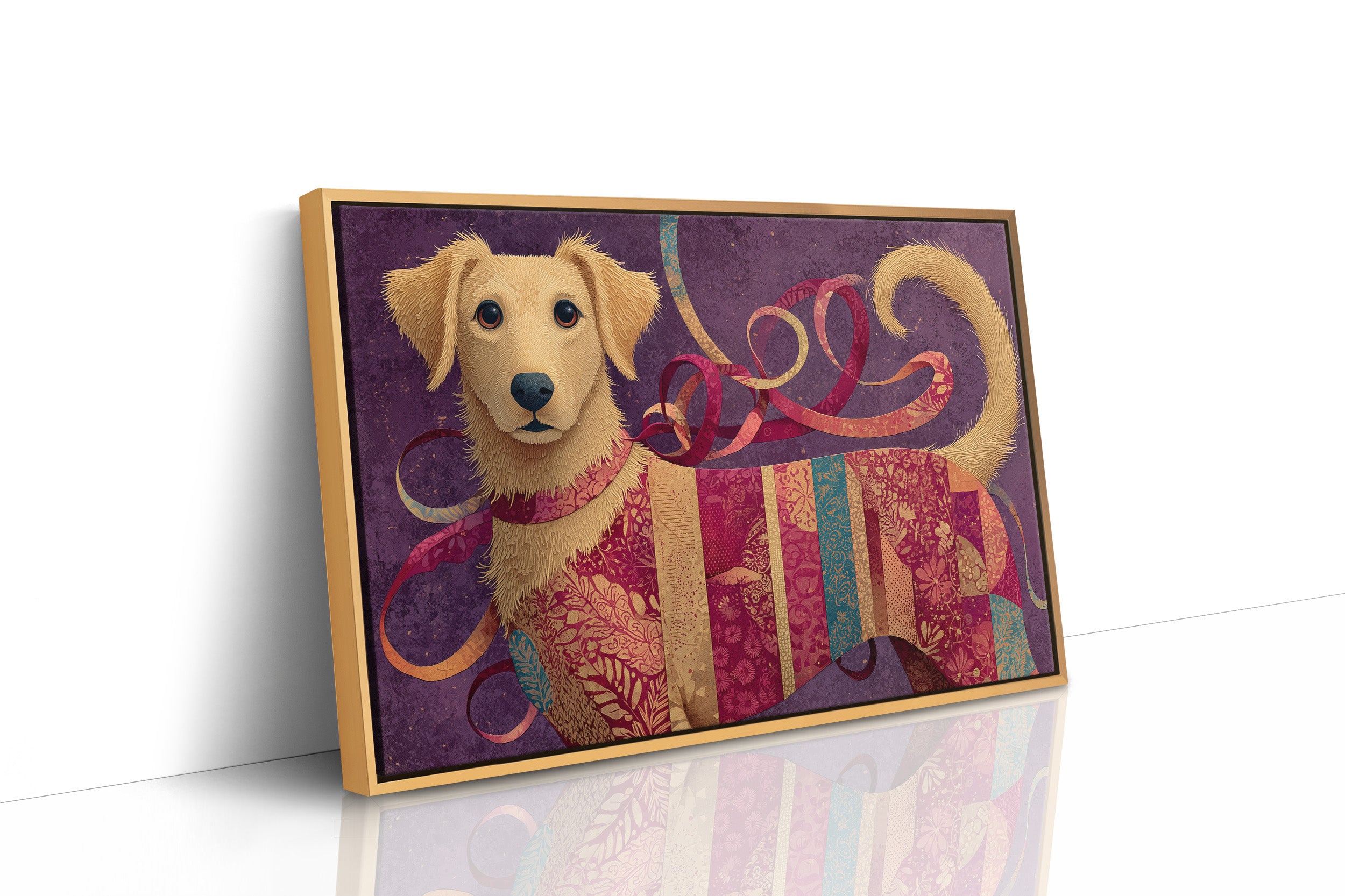 Golden Puppy in Patchwork Ribbons
