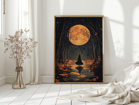 Witch Under Full Moon Art Print - Enchanting Autumn Scene - Gallery Canvas image 10