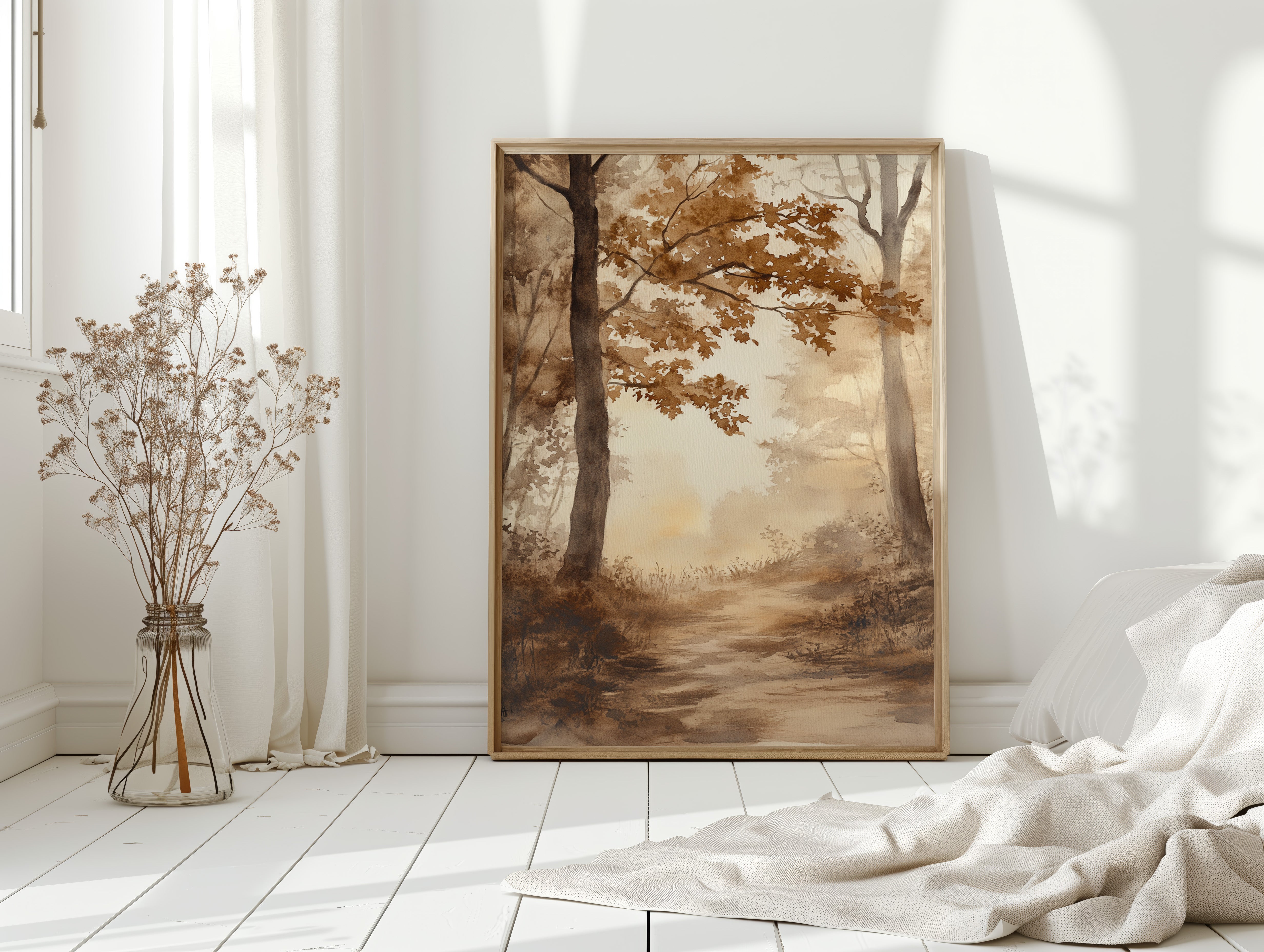 Serene Autumn Forest Pathway - Watercolor Landscape Art - Gallery Canvas image 3