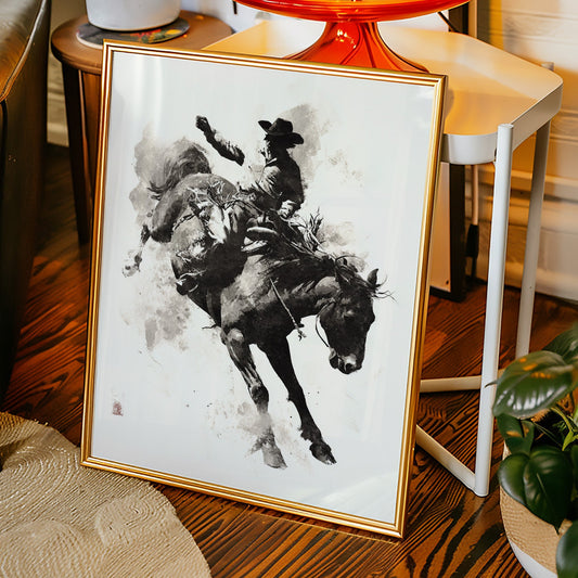 Framed artwork of a cowboy on horseback in a living room setting.