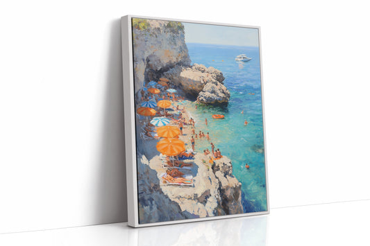 Orange Umbrellas Line Mediterranean Shores
