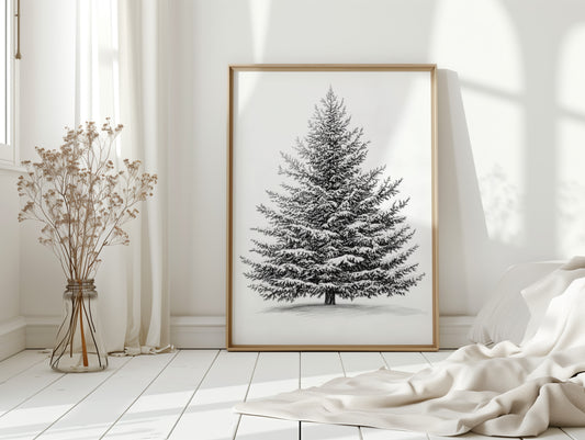 Snow-Covered Pine Tree Drawing - Winter Botanical Art - Gallery Canvas image 10