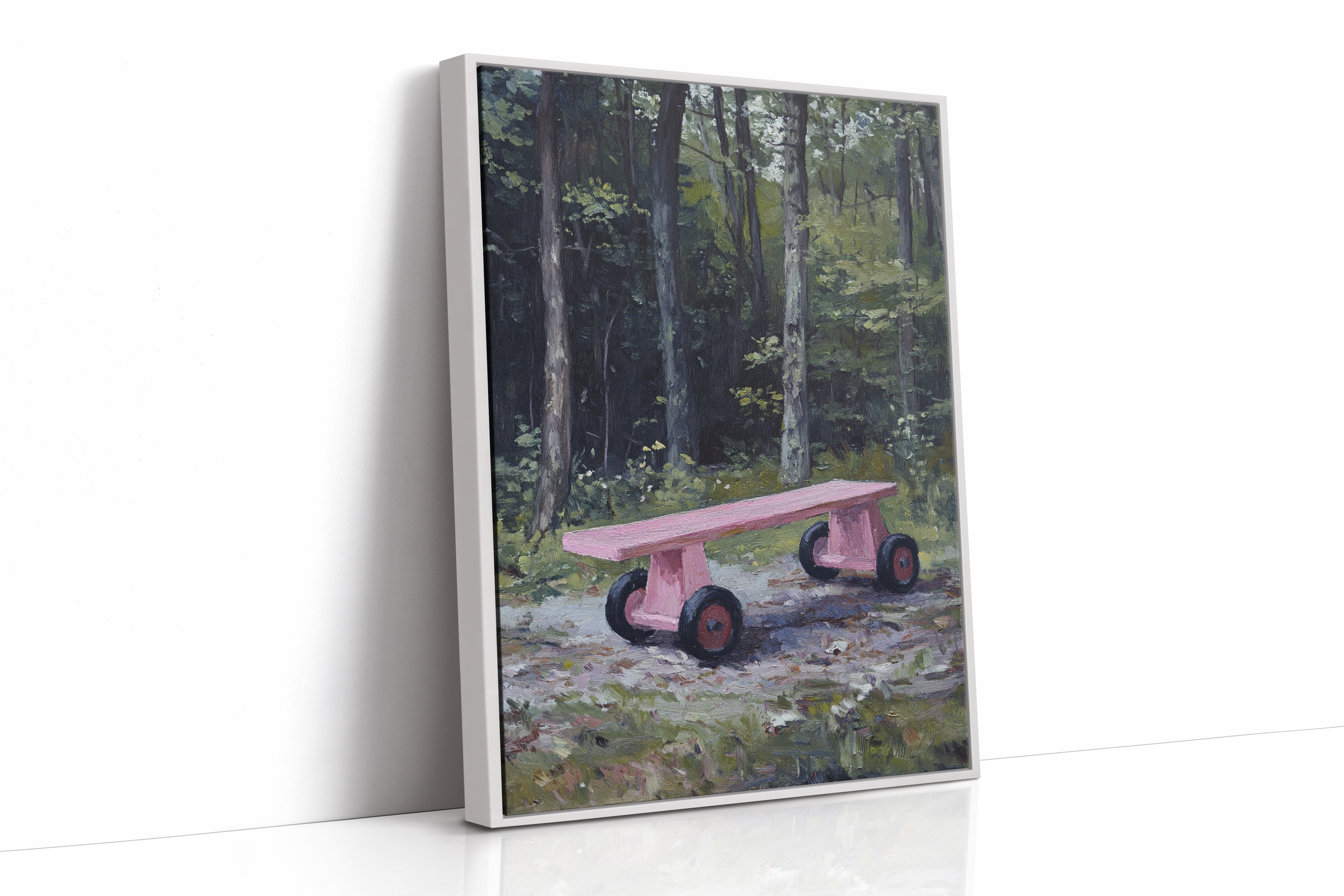 Pink Bench Rests In Forest Shade