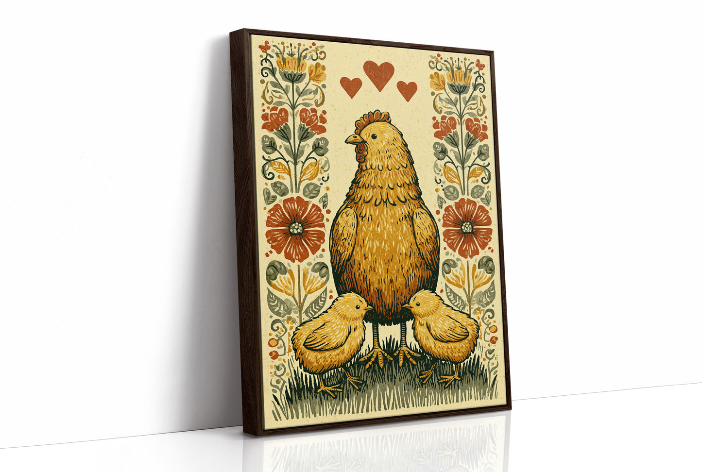Mother Hen and Chicks — Poppy Border Folk Art Print