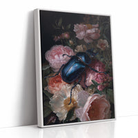 Sapphire Beetle Among Blushing Peonies