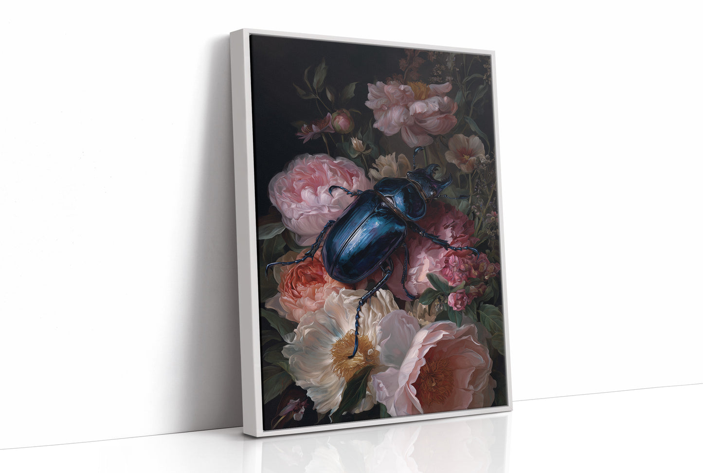 Sapphire Beetle Among Blushing Peonies